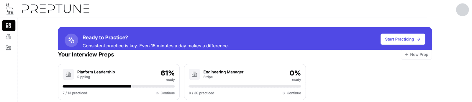 PrepTune dashboard showing your interview preps and readiness for each role