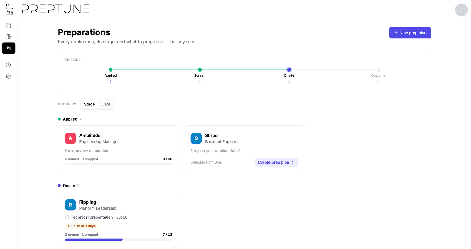 PrepTune Prep Companion tracking an interview pipeline with prep plans for each role