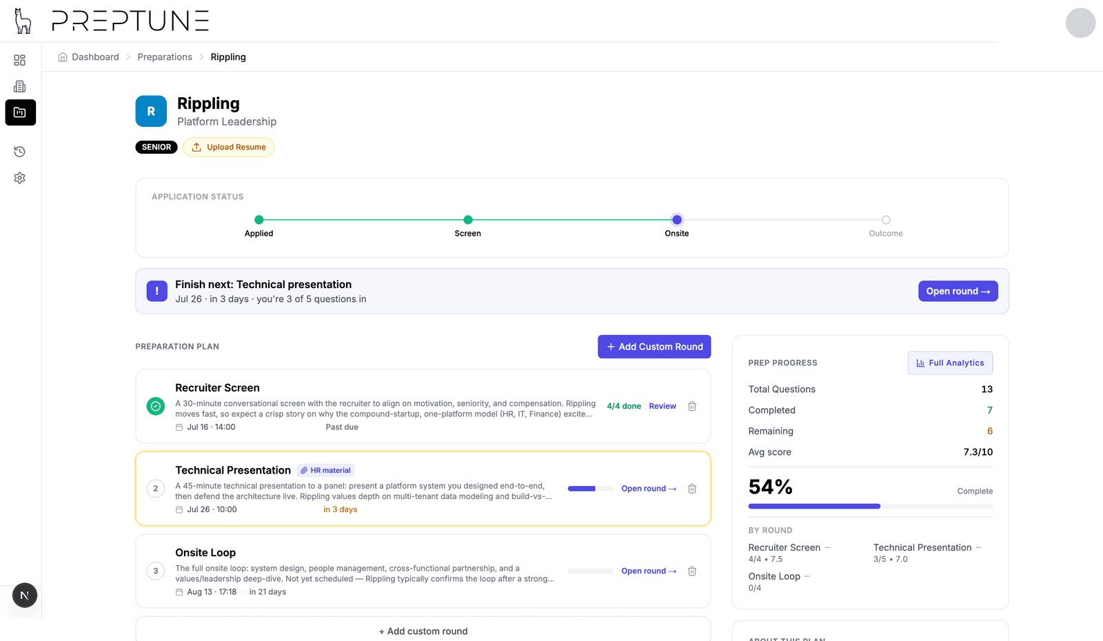 An AI-generated prep plan with the rounds for a target role and live progress